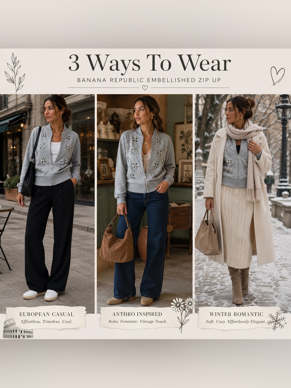 Banana Republic Embellished Zip Up Sweatshirt Jacket | Quiet Luxe Athleisure - Picture 3 of 12